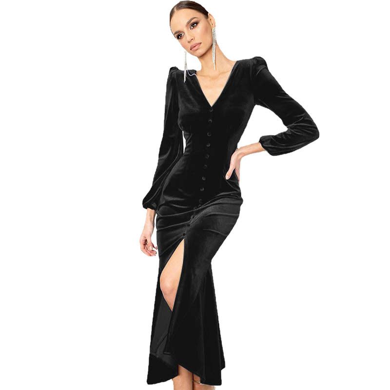 2022 Inverno Lavorato A Maglia Con Scollo A V Spalla Pad Abito A Maniche Lunghe Autunno Vestito delle Donne Temperamento Intellettuale Vestito Gonna Lunga_voghion.com