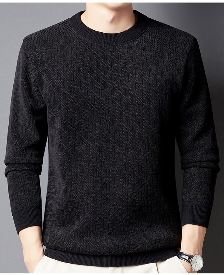 Herrenbekleidung Winterpullover für Herren Plus Samt Verdickter Jacquard-Karos All-in-One-Samt Warmes Oberteil Einfarbiger Rundhalspullover_voghion.com