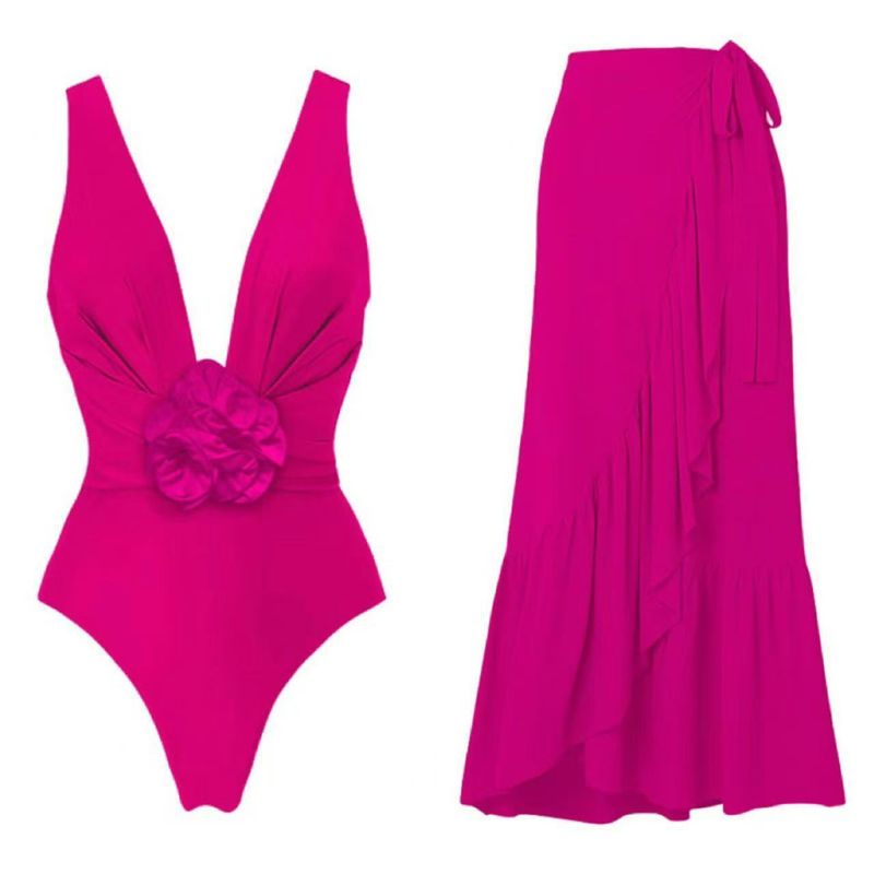 Vêtements pour femmes Ensemble de bikini une pièce à fleurs tridimensionnelles Maillot de bain jupe en maille_voghion.com