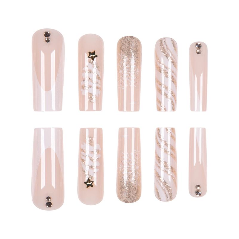 Unghie finte lunghe a pressione, albero di Natale invernale, stelle dorate, fiocchi di neve bianchi, unghie finte con colla/gel, stile Ins, unghie finte alla moda per le donne_voghion.com