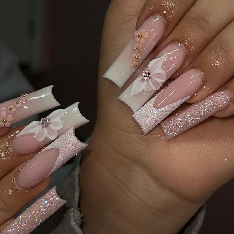 French Silver Edge Sparkling Pink Indossando Fiore Gradiente Acqua Diamante Miglioramento Super Lungo Instagram Stile Falso_voghion.com