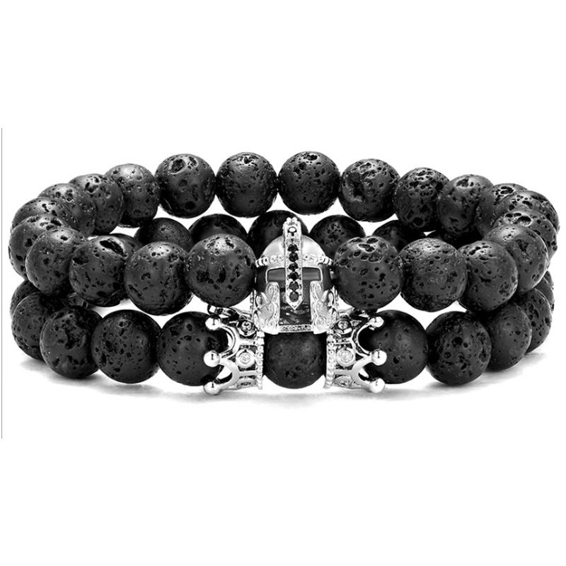 Spartan Zircon Helmet Crown Set Bracelet Cross Volcanic Stone Bracelet_voghion.com