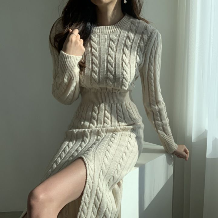 Schickes, vielseitiges Pulloverkleid mit Rundhalsausschnitt und Twist-Strick, V-Ausschnitt, wendbar, geteilter Saum, Grau, Schwarz (Einheitsgröße für 40–59 kg)_voghion.com