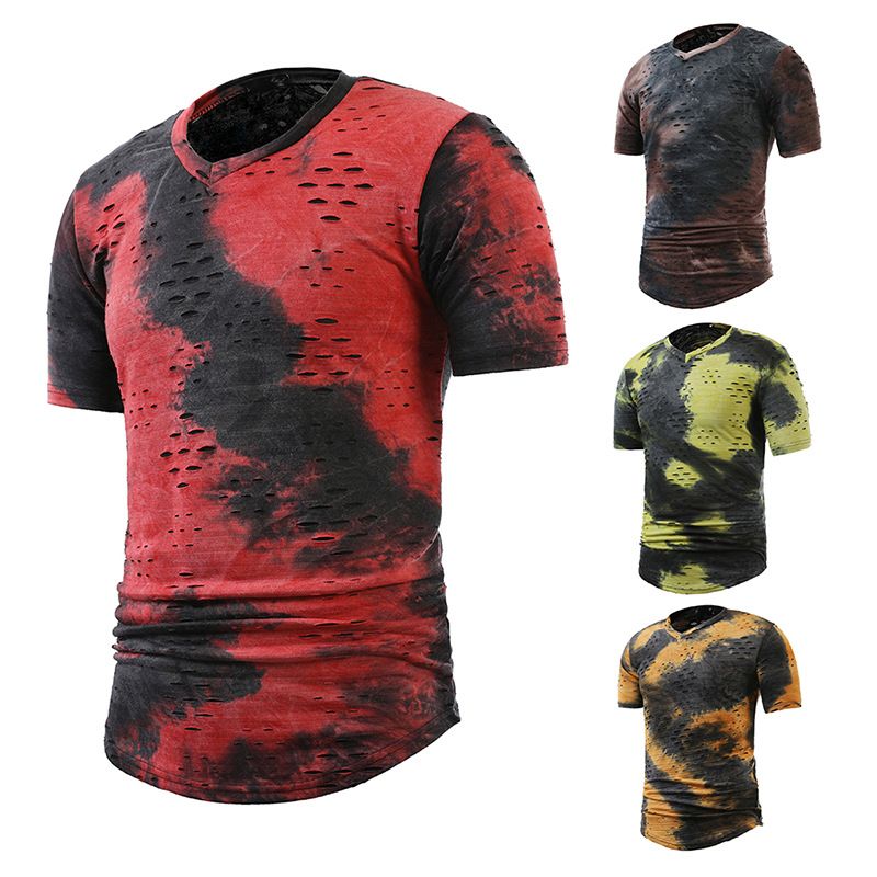 Herrenbekleidung, lässige Mode, offenes Lächeln, Persönlichkeit, Loch, glühende Farbe, passend, große Größe, kurzärmeliges T-Shirt mit V-Ausschnitt_voghion.com
