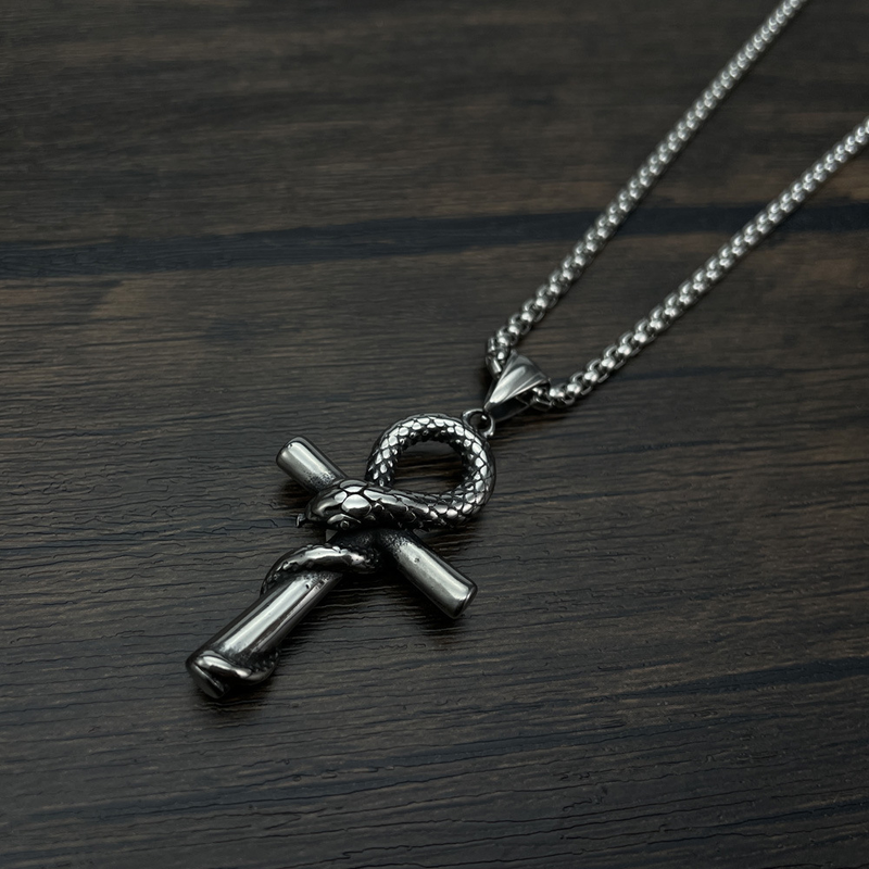 Manba Snake Cross Pendant Trendy Men's Personalized Titanium Steel Necklace_voghion.com