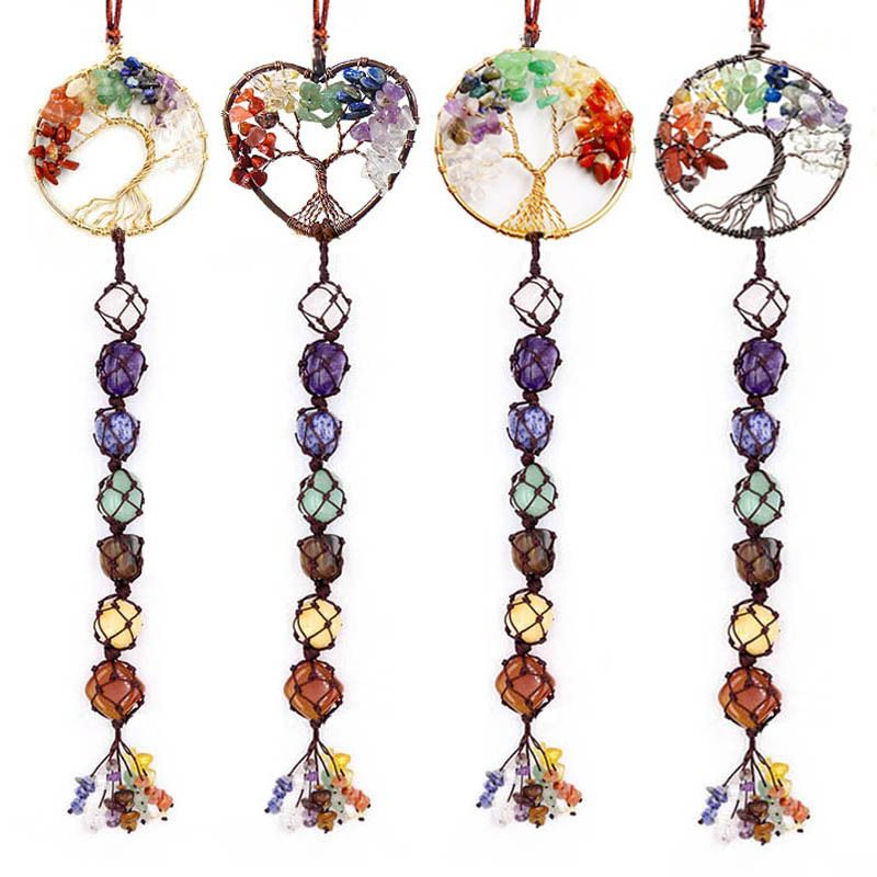 Handwoven 7-Color Crystal Gemstone Tree Of Life Car Hanging Ornament, Dreamcatcher Pendant, Boho Home Decor, Natural Stone Beaded Charm_voghion.com