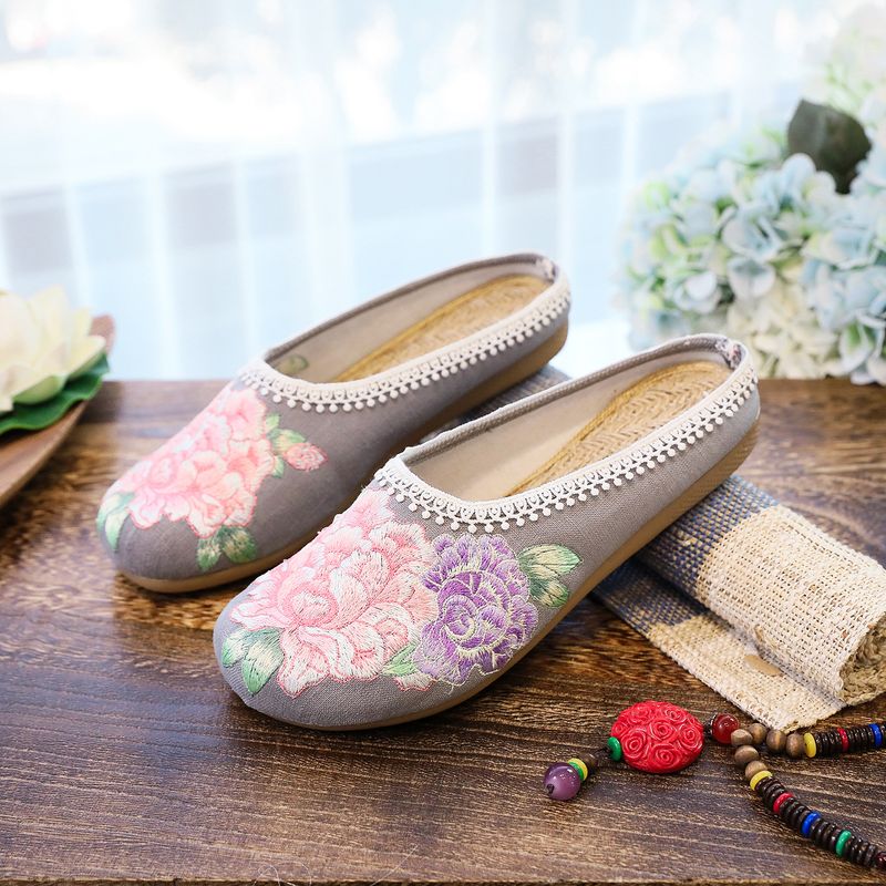 Single Slippers/Cotton Slippers Linen Peony Round Head Flat Bottom Cloth Cool Trailers Embroidered Women's Shoes_voghion.com