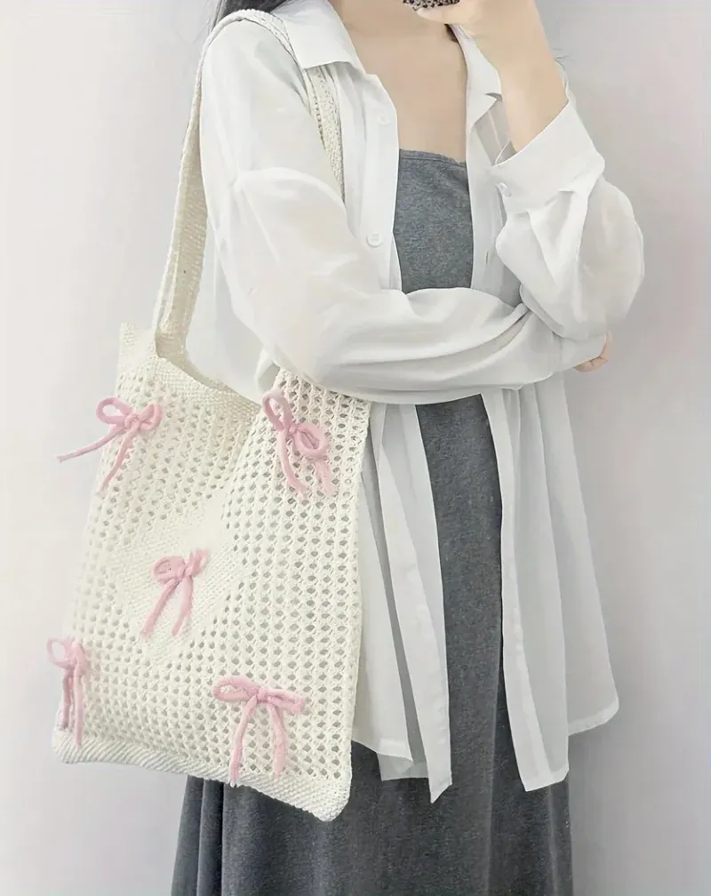 Preppy Style Crochet Tote With Butterfly Accents Solid Color Polyester Shoulder Foldable Fashion Beach Bag 250402_voghion.com