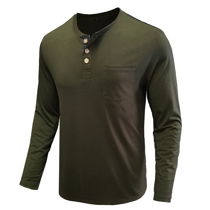 Henley-T-Shirts für Herren mit Knopfleiste, langen Ärmeln und Tasche, entspannte Passform, 100 % schwere Baumwolle_voghion.com