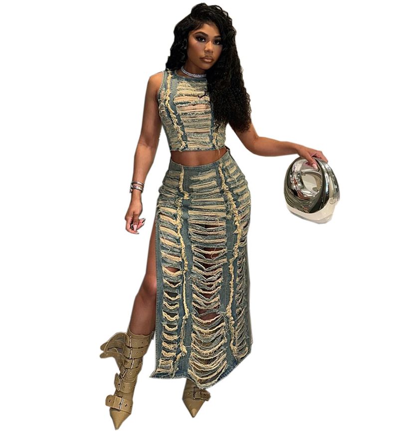 Dameskleding Dames Denim Pakken Dameskleding Trend Persoonlijkheid Handgedragen Vest Split Denim Rok_voghion.com