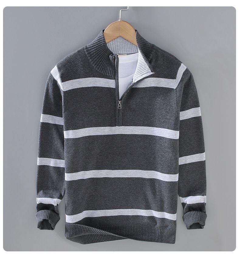 Pull à col demi-zip pour homme, tendance automne-hiver, style rétro universitaire, rayé, couleur contrastée, col haut_voghion.com