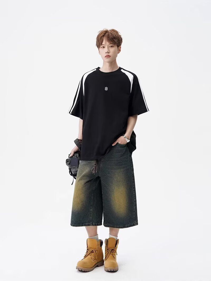 Men's Fashion Short Sleeve T-Shirt Breathable Ice Silk Fabric Relaxed Fit Round Neck Color Blocking Design Versatile Casual Wear For Young Adults_voghion.com