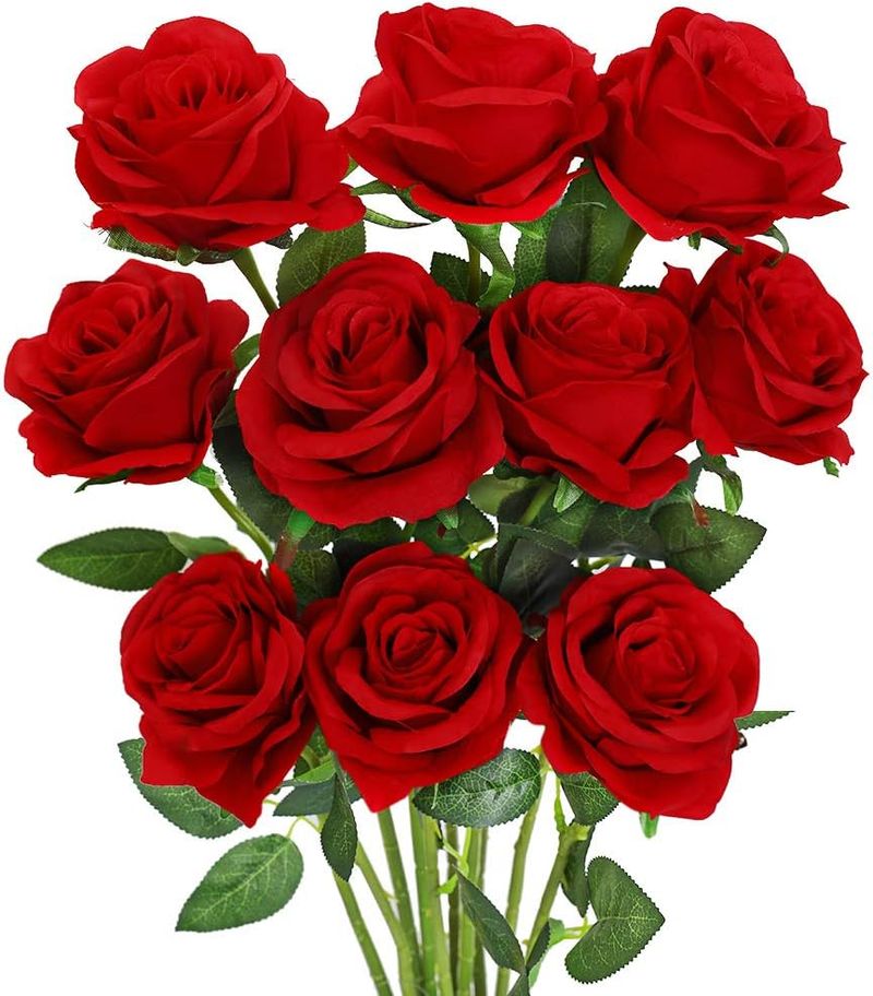 10 rose artificiali con steli, bouquet di fiori in seta, realistiche rose a stelo lungo per San Valentino._voghion.com