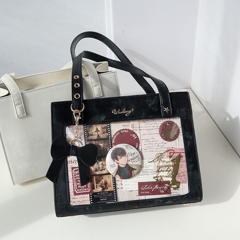 Borsa a tracolla versatile in stile cinese, stile anime, con distintivo trasparente, da donna, color crema, primavera, ciliegia_voghion.com