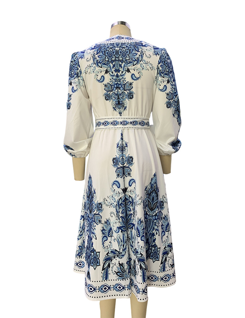 Damenmode-Kleid mit V-Ausschnitt und langen Ärmeln im Bohemian-Stil_voghion.com