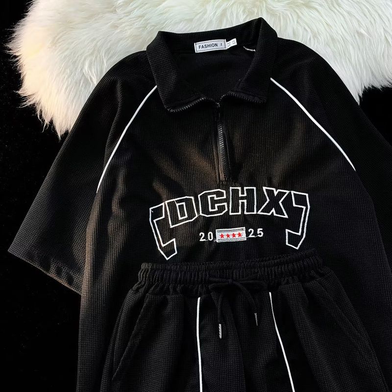 Erkek Giyim yeni küçük moda trendi net kırmızı tuz kızarmış sokak kazak iki parçalı takım_voghion.com