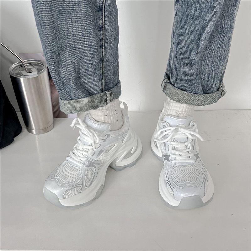 Sapatos femininos de sola grossa prateados para mulheres, primavera e verão, novos sapatos respiráveis que aumentam a altura, tendência de caminhada casual_voghion.com