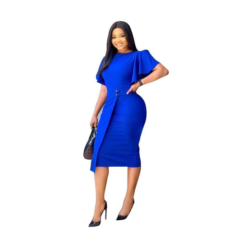 Dammekleid Plus Size Elastesche OL Pendler Temperament Ronn Hals Kuerzärmel Professionelle Bleistiftrock_voghion.com