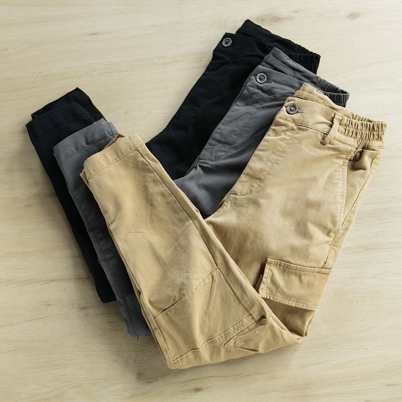 Heißer verkauf männer modische multi tasche einfarbig gerade sitzende elastische bund button up workwear hosen_voghion.com