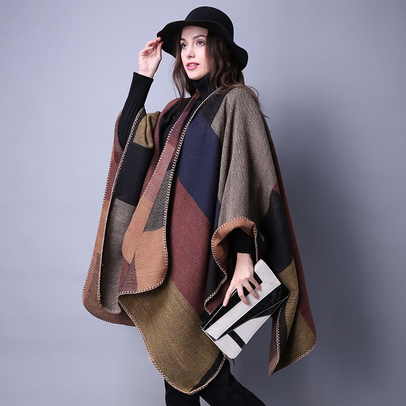 Autumn and Winter Scarves Versatile Plaid Women's Travel Shawl Cashmere Ethnic Style Split Thickened Cloak_voghion.com
