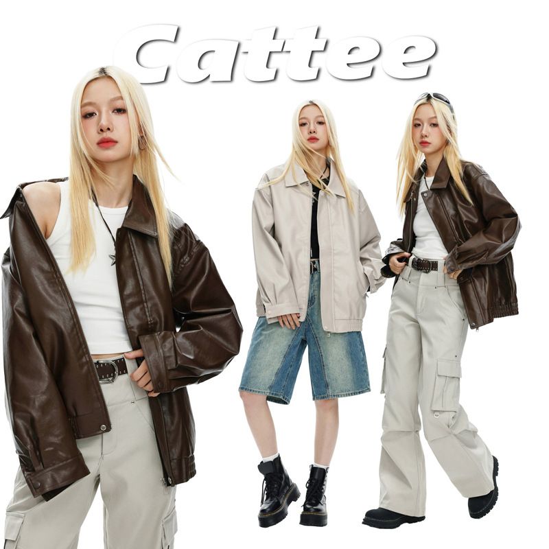 CATTEE Lapel Leather Jacket For Women 2025 Autumn New Long Fashionable Oversized Crisp Drop Shoulder Coat_voghion.com