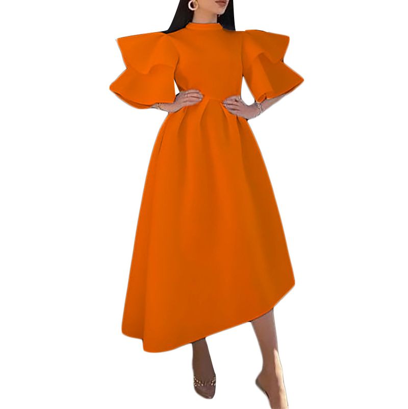 Imbracaminte dama vara noua strat dublu frunze de lotus maneca culoare solida rochie neregulata fusta rochie_voghion.com