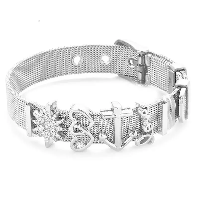 Fashion Stainless Steel For Woman Men Mesh Set Crystal Heart Anchor Charm Fine Bracelet Bangle Female Lover_voghion.com