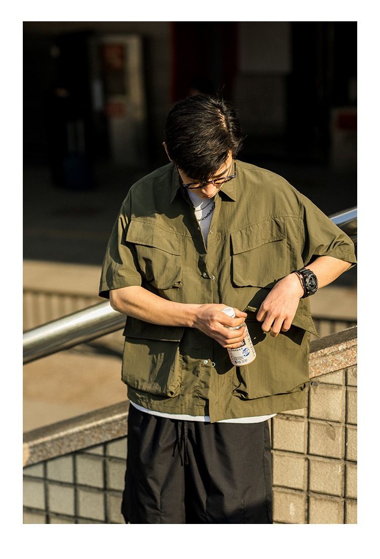 Herren Sommer Trendy Loose Black Große Tasche Casual Kurzarm Hemdjacke_voghion.com