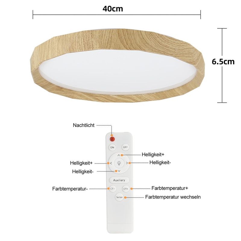 Glitzerlife Deckenlampe LED Deckenleuchte Wohnzimmer - Wohnzimmerlampe Holzoptik Ø40cm 43W Schlafzimmerlampe Dimmbar Mit Fernbedienung Boho Für Küche Flur_voghion.com