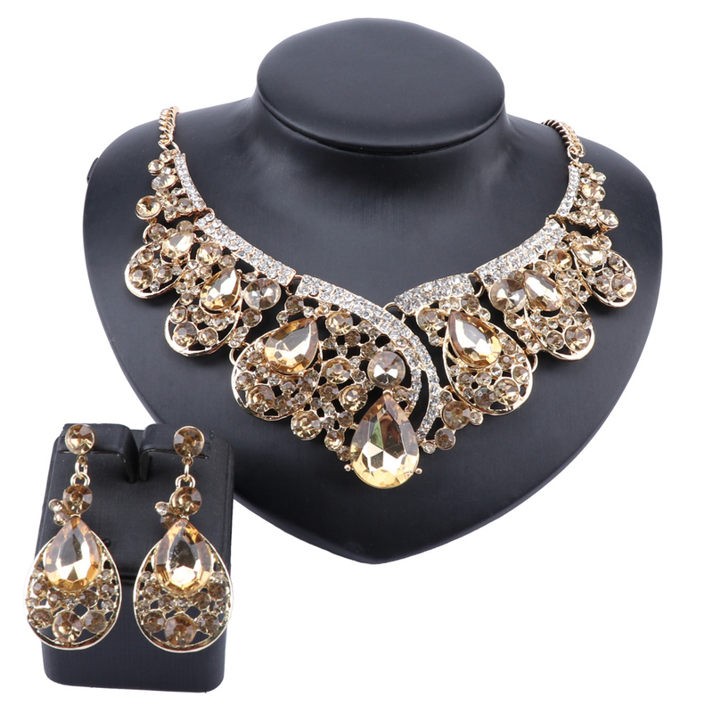 Modischer Kristall Choker Statement Halskette Ohrring Kragen Boho Schmuckset Hochzeitsgeschenk Frauen Bräute Abschlussball Party_voghion.com