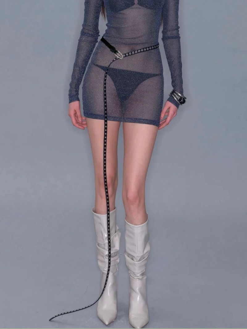 Women's Extended Double Loop Thin Belt Punk Air Eyelet Rivet Belt Summer Splicing Belt_voghion.com