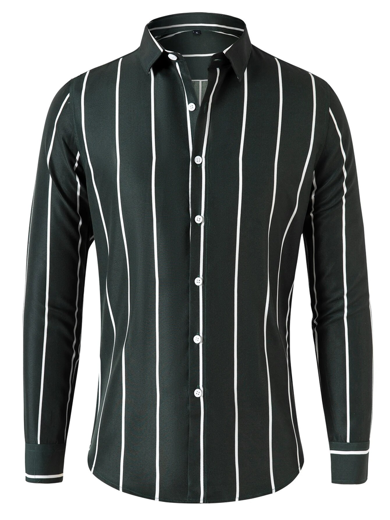 Camicia da uomo a maniche lunghe a righe larghe slim fit casual moda nero bianco top_voghion.com