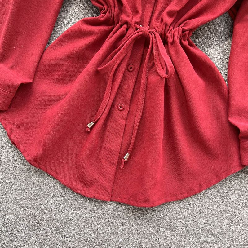 Women's Clothing style long sleeved dress summer women's clothing high grade denim splicing contrast color waist temperament shirt short skirt_voghion.com