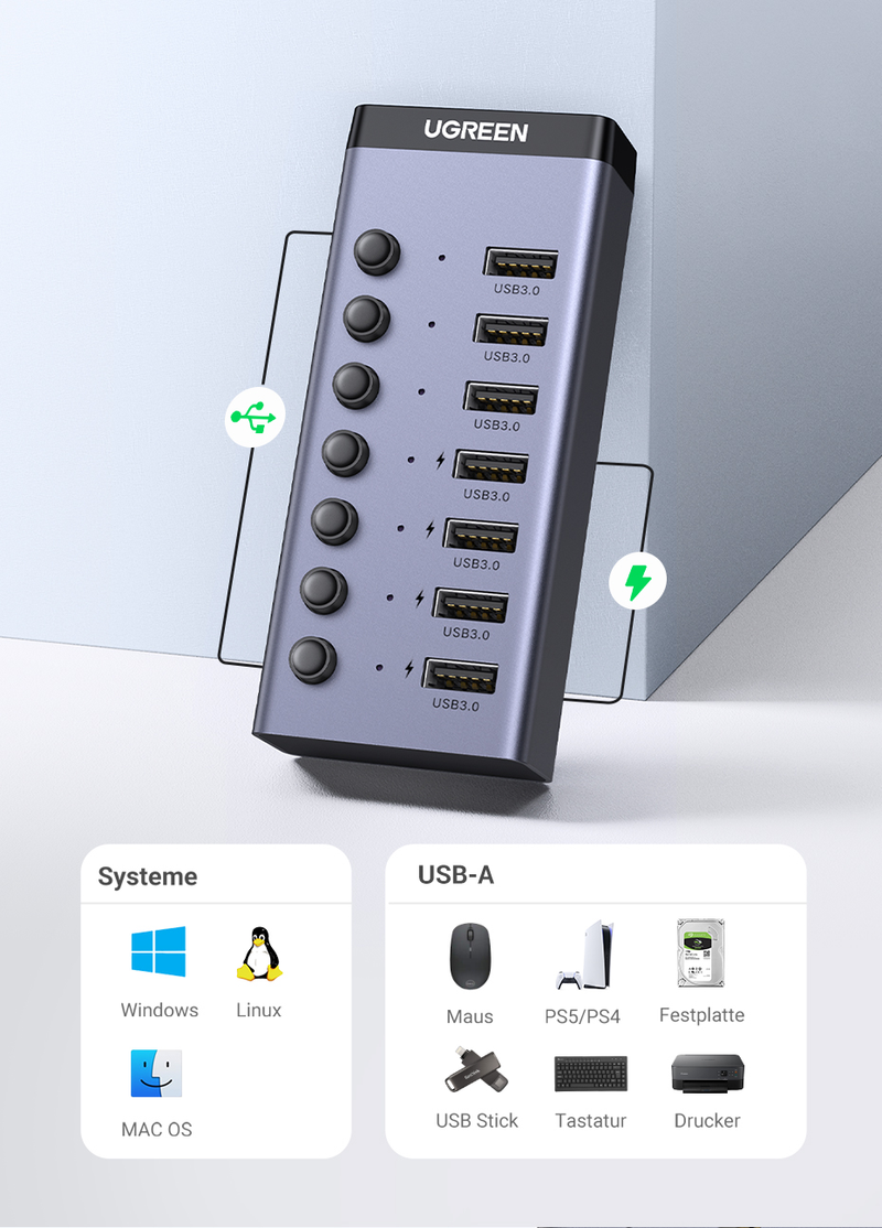 UGREEN USB C Hub 5Gbps 7 Ports USB3.0 Splitter With Individual OFF/ON Switch LED Indicator For PC Laptop MacBook Pro/Air_voghion.com