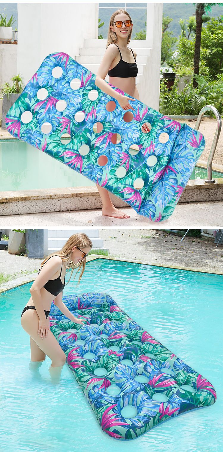 Colchoneta flotante de PVC ecológica para el verano, plegable, con respaldo individual, reclinable, inflable multicolor con agujero engrosado y fila flotante._voghion.com