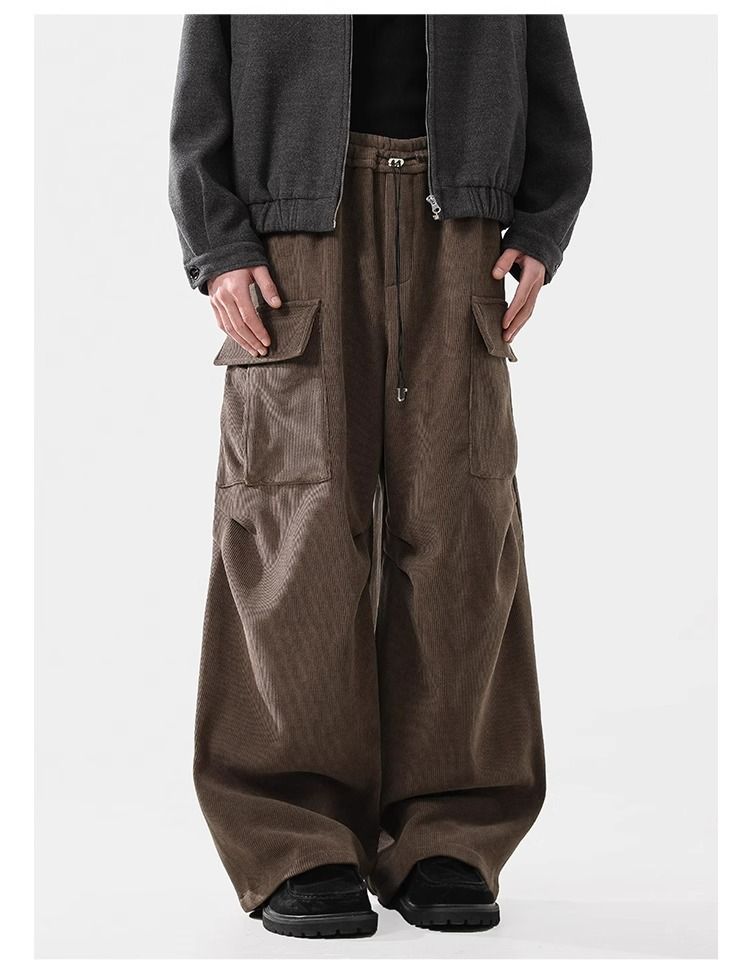 Corduroy Cargo Pants With Fleece Lining – High Waist, 65% Polyester, Drawstring Closure, Black/Khaki, S-XXL (Unisex Winter)_voghion.com