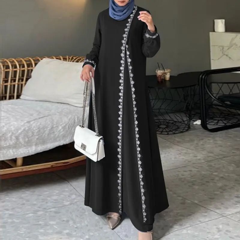 Damenkleidung Muslimisches Gewandkleid Mode Langarm Spitze Häkelweste Damen Frühling Casual Fake Zweiteiliges Kleid_voghion.com