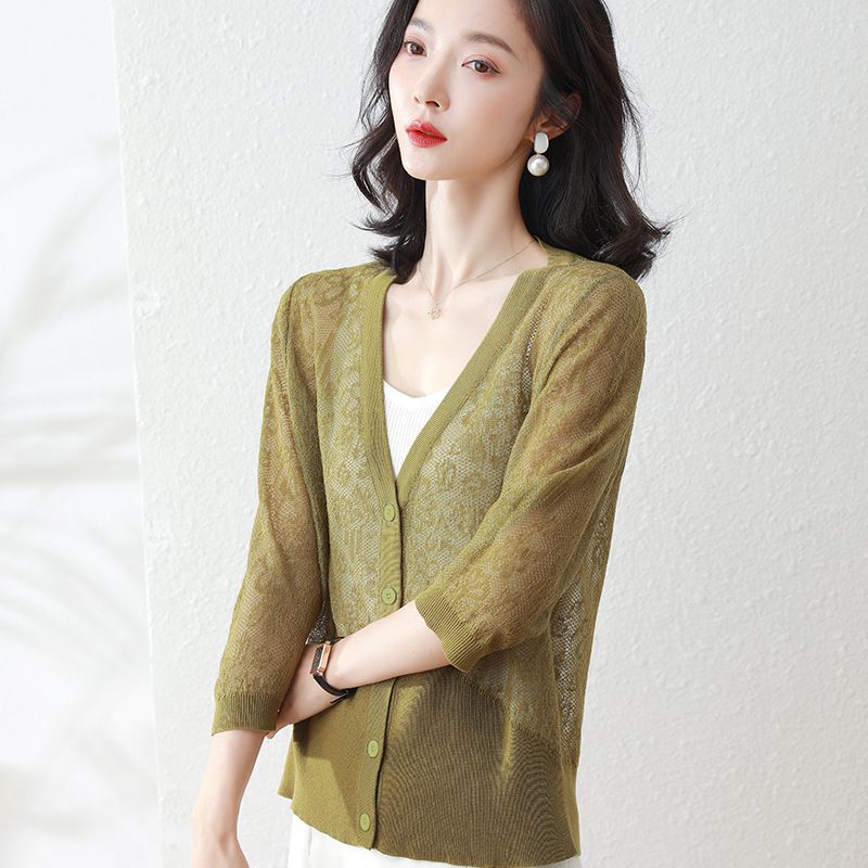 Tencel New 2021 Summer Knitted Women's Cardigan Casual Fashion Commuting Hollow Crochet Loose Thin Seven-quarter Sleeve_voghion.com