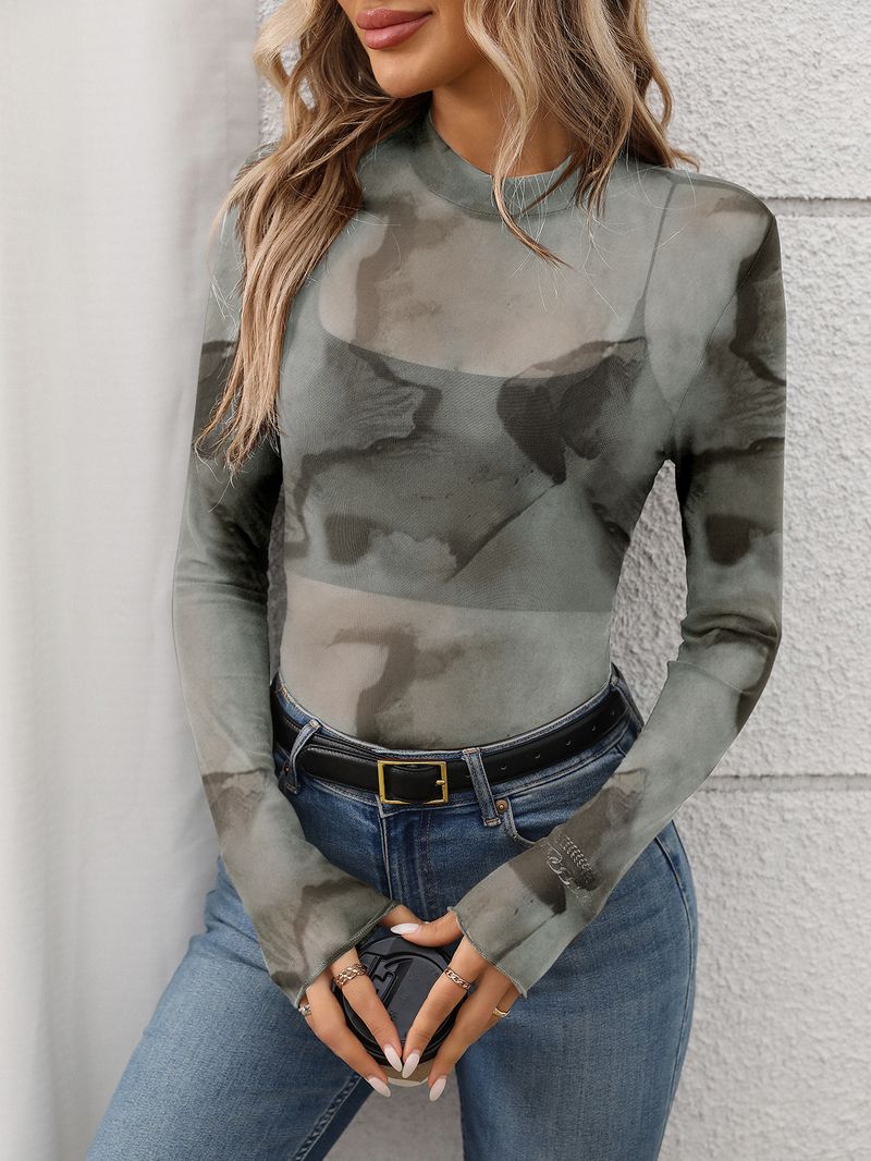 Women's Clothing Half High Neck Perspective Long Sleeved T Shirt Sexy Mesh Top_voghion.com