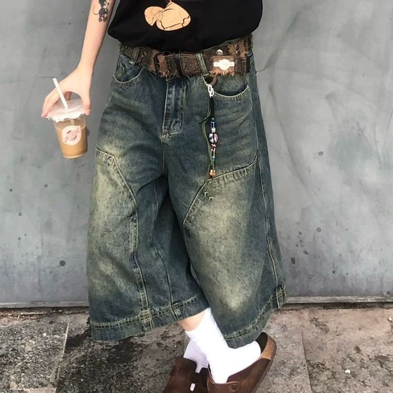 American Street Retro Washed Old Shorts Women's Summer Versatile Loose Middle Pants Wide-leg Men's And Women's Seven-point Jeans_voghion.com