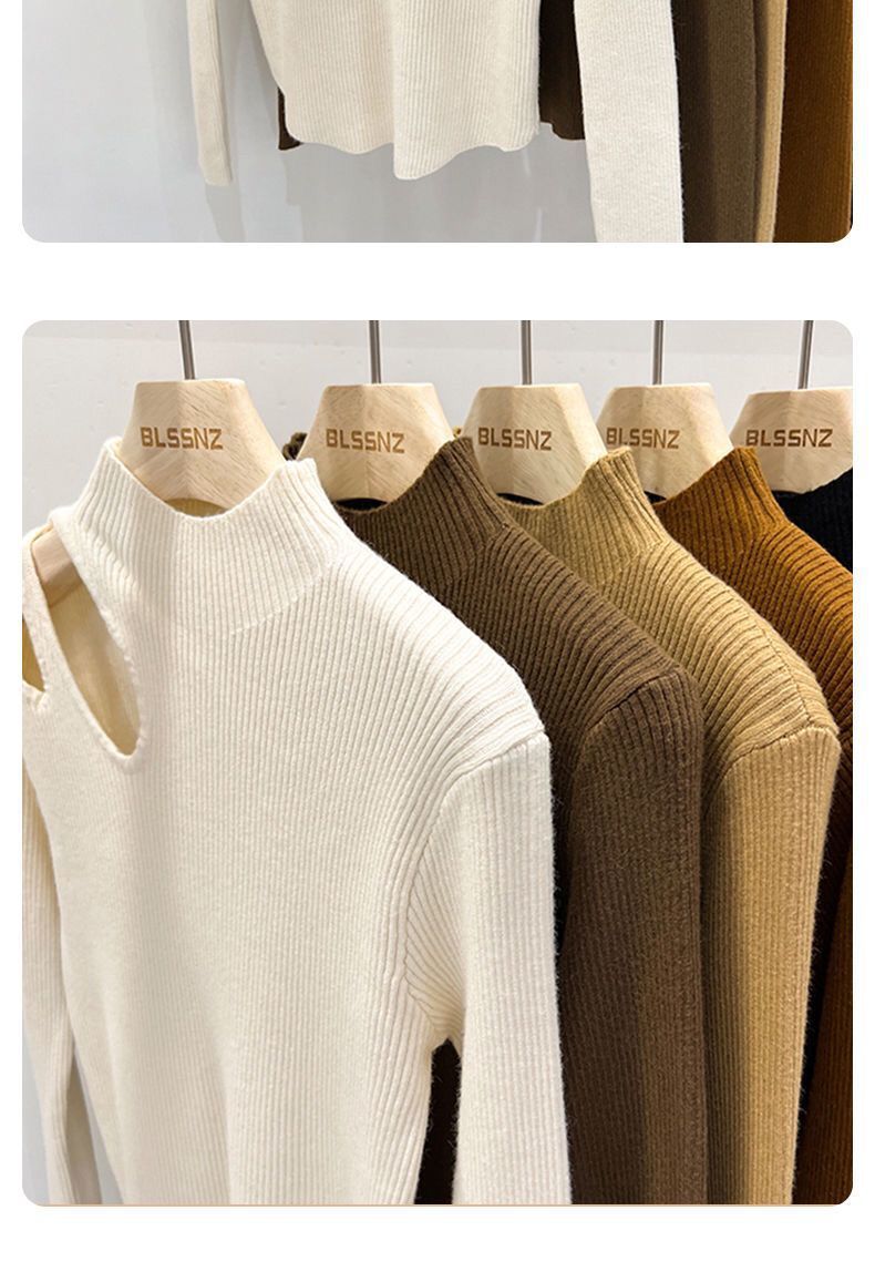 Elegantes französisches Hollow-Out-Strickoberteil für Damen mit Halbrollkragen und Spitze als Basisschicht für Herbst und Winter_voghion.com