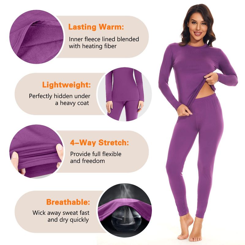 Conjunto de roupa íntima térmica feminina com forro de lã - Top e calça de camada de base para aquecimento de inverno - Macio e respirável - Preto (P/M/G/GG)_voghion.com