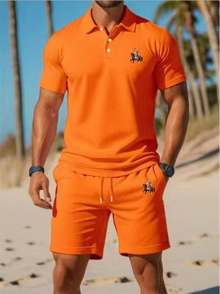 Men's Summer Slim-Fit Polo Shirt & Shorts Set - Breathable Mesh Short Sleeve Embroidered Casual Outfit (White/Navy/Orange/Black/Red/Teal/Army Green_voghion.com