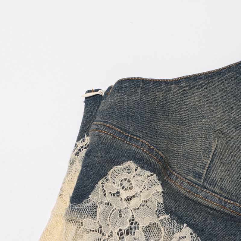 Damenbekleidung Mode sexy Hot Girl Style Sommer neue Spitze Spleißen Hosenträger Top + Kordelzug Denim Mode Shorts_voghion.com
