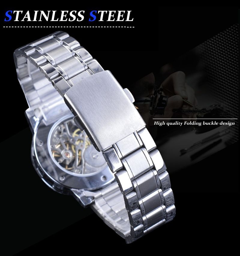 Orologio meccanico scheletrato da uomo alla moda con dettagli in diamanti - Cassa e cinturino in acciaio inossidabile - Resistente all'acqua - Stile casual da lavoro_voghion.com