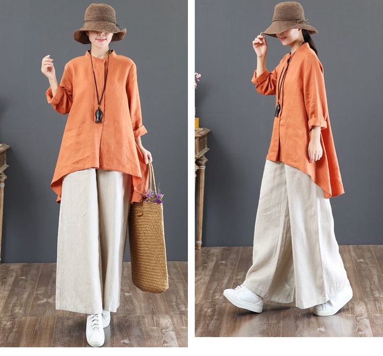 2023 Spring Summer Korean Cotton Loose Plus Size Wide Leg High Waist Floor-Length Straight Linen Women's Pants_voghion.com