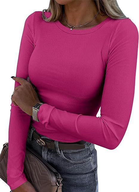 Maglietta a maniche lunghe elastica a collo rotondo a coste da donna, stile europeo e americano, slim casual, basic, con bordino_voghion.com