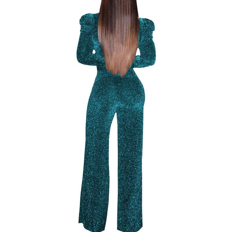 Mono elástico con cuello en V y purpurina para mujer: mono sexy y elegante de pierna ancha con hilos metálicos, cómodo tejido de mezcla de poliéster y algodón._voghion.com