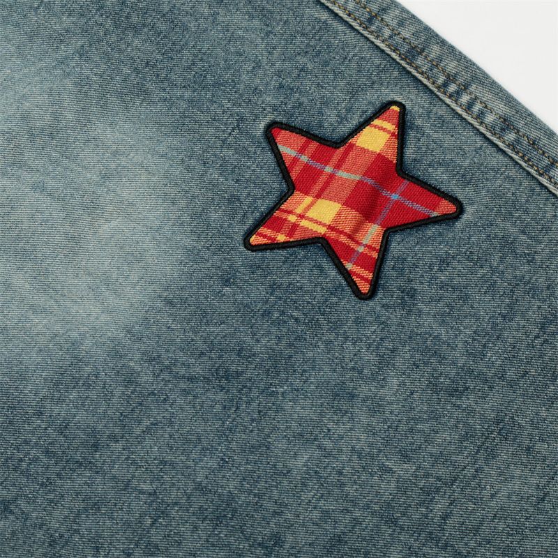 Vaqueros anchos con diseño de estrella de cinco puntas para hombre, marca de moda, estilo punk único, cinturón a cuadros y pantalones largos de cimitarra lavados._voghion.com