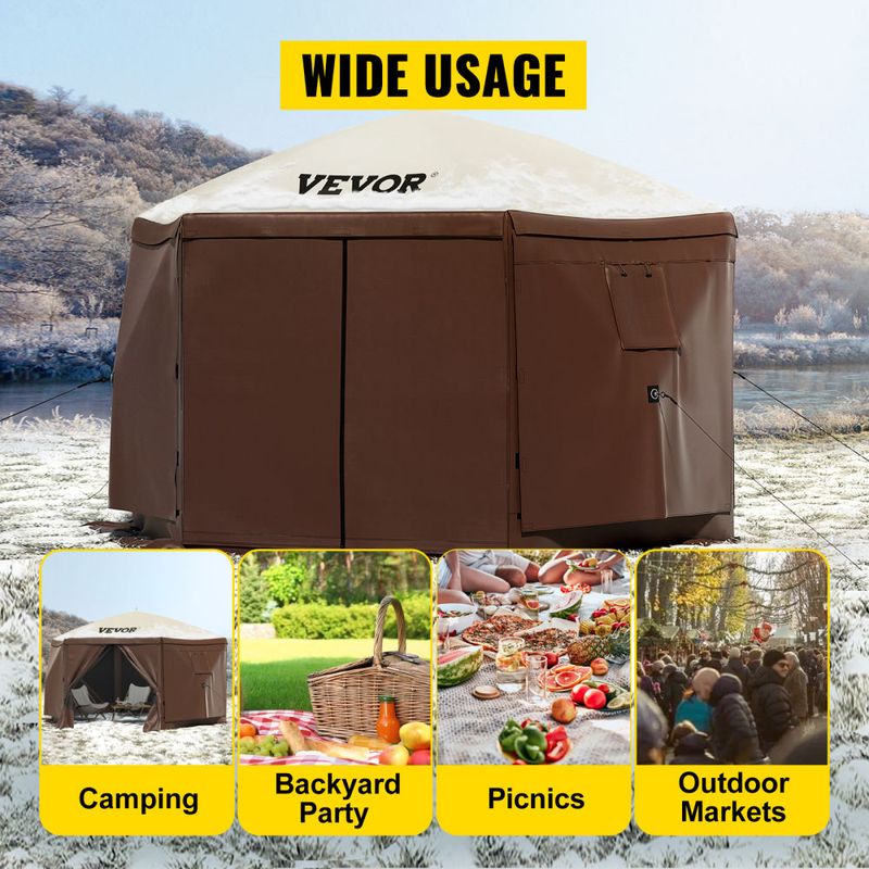 VEVOR Camping Gazebo Screen Tent; 12*12ft; 6 Sided Pop-up Canopy Shelter Tent with Mesh Windows; Portable Carry Bag; Stakes_voghion.com